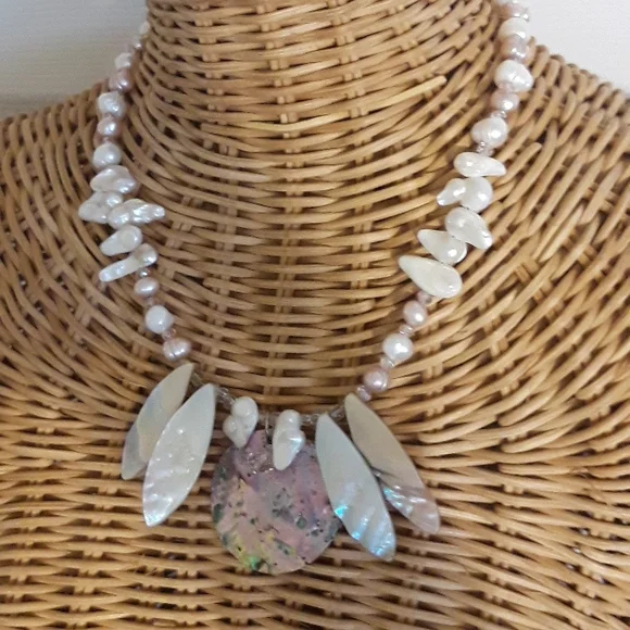 Handmade Sea Goddess statement necklace freshwater pearls, Abalone shell Artisan - Picture 3 of 10